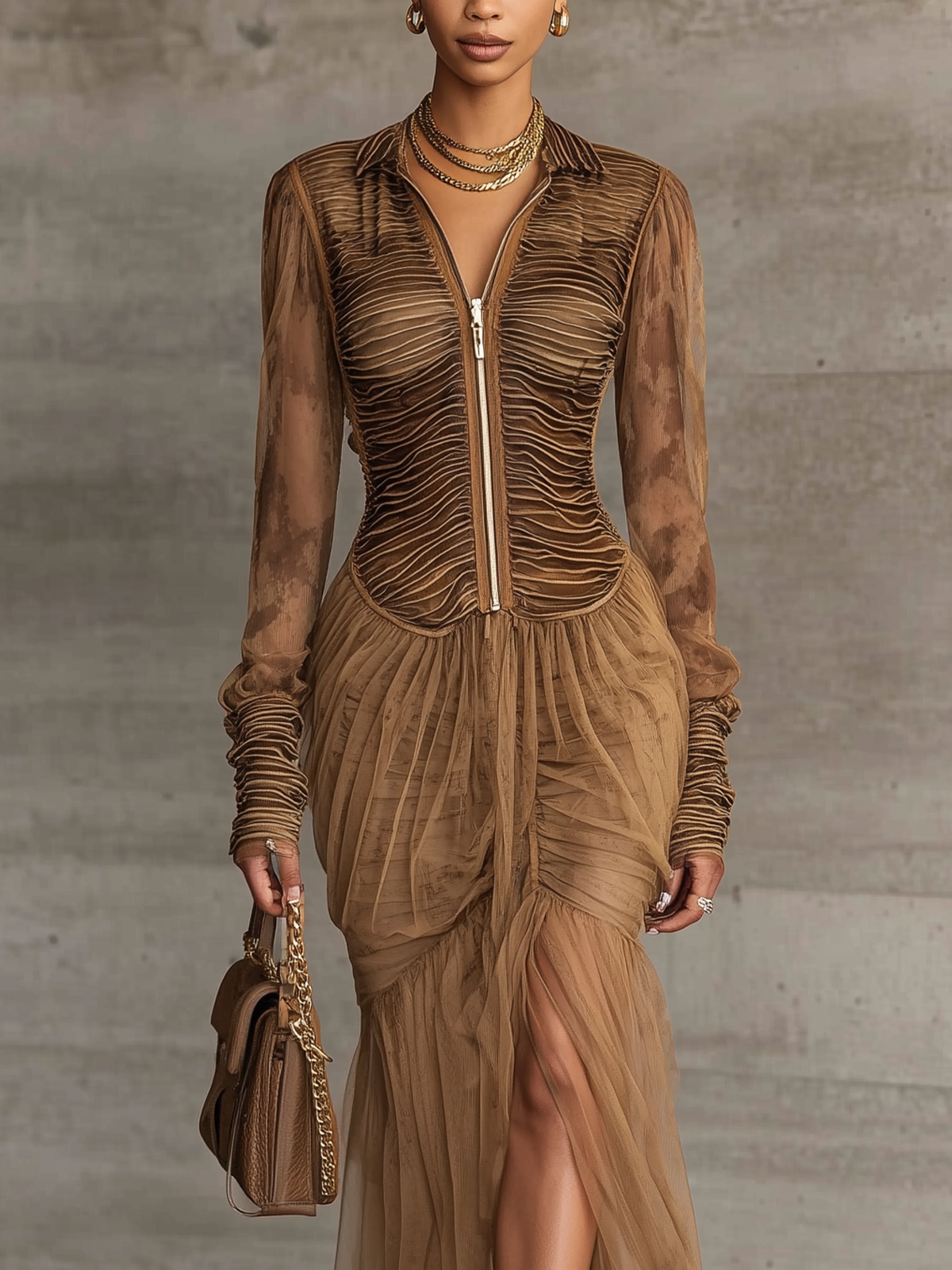 Brown Ruched Mesh Long Sleeve Zip-Front Midi Dress