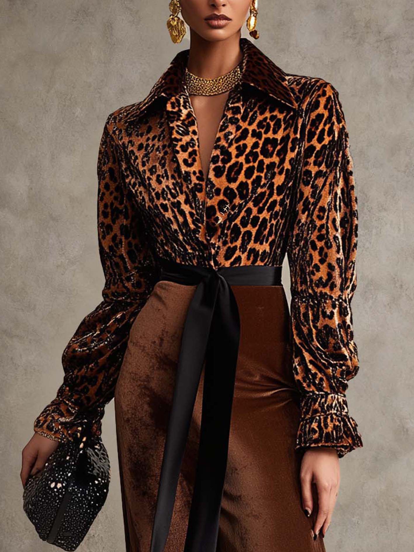 Brown Velvet Midi Dress With Leopard Print And Belt