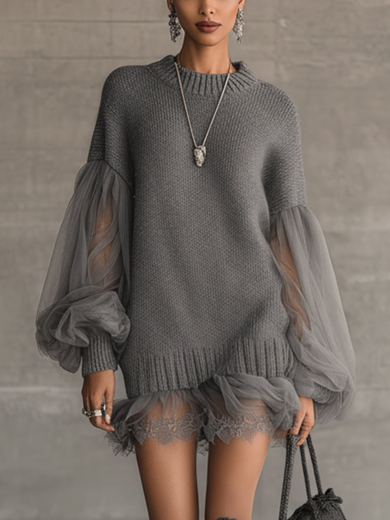 Gray Knit Chiffon Lantern Sleeve Lace Mini Dress