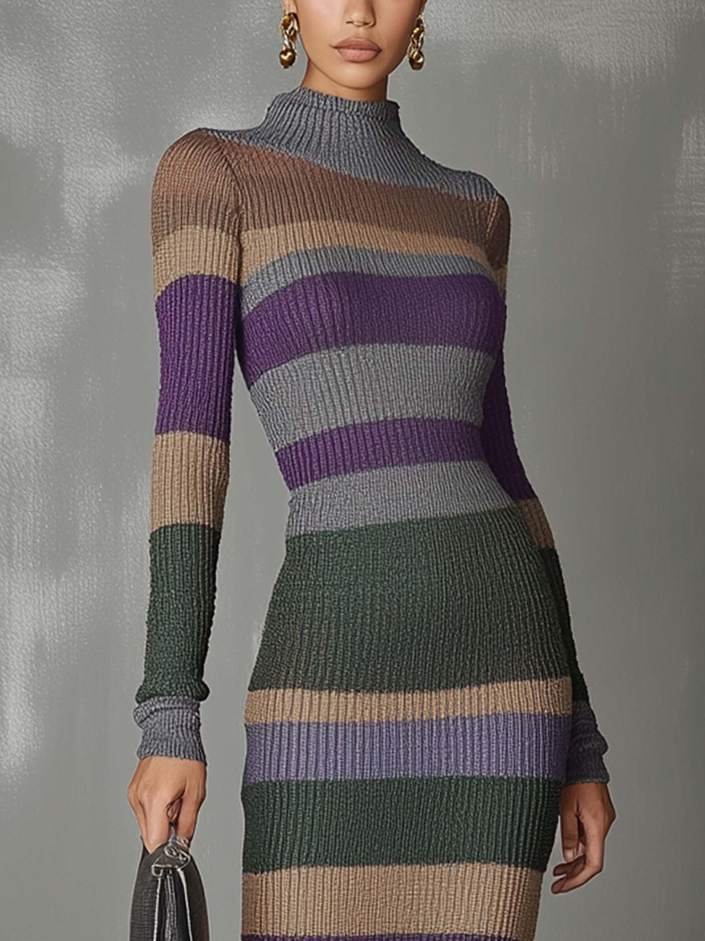 Gray Knitted Midi Bodycon Dress With Morandi Color Lines And Lace Patchwork