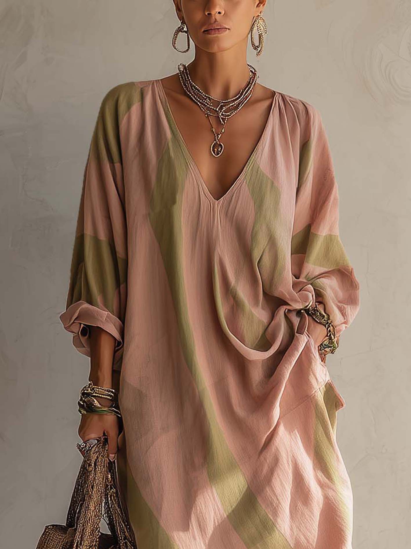 Dusty Pink Green Stripe Cotton Linen V-Neck Midi Dress
