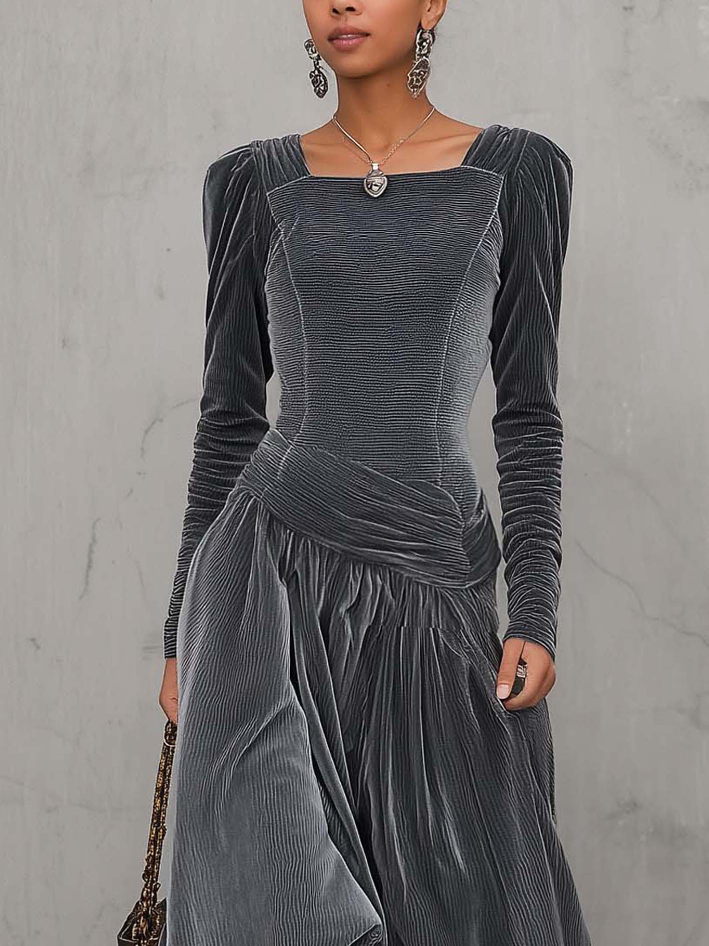 Gray Velvet Ruched Midi Dress With Asymmetric Hem