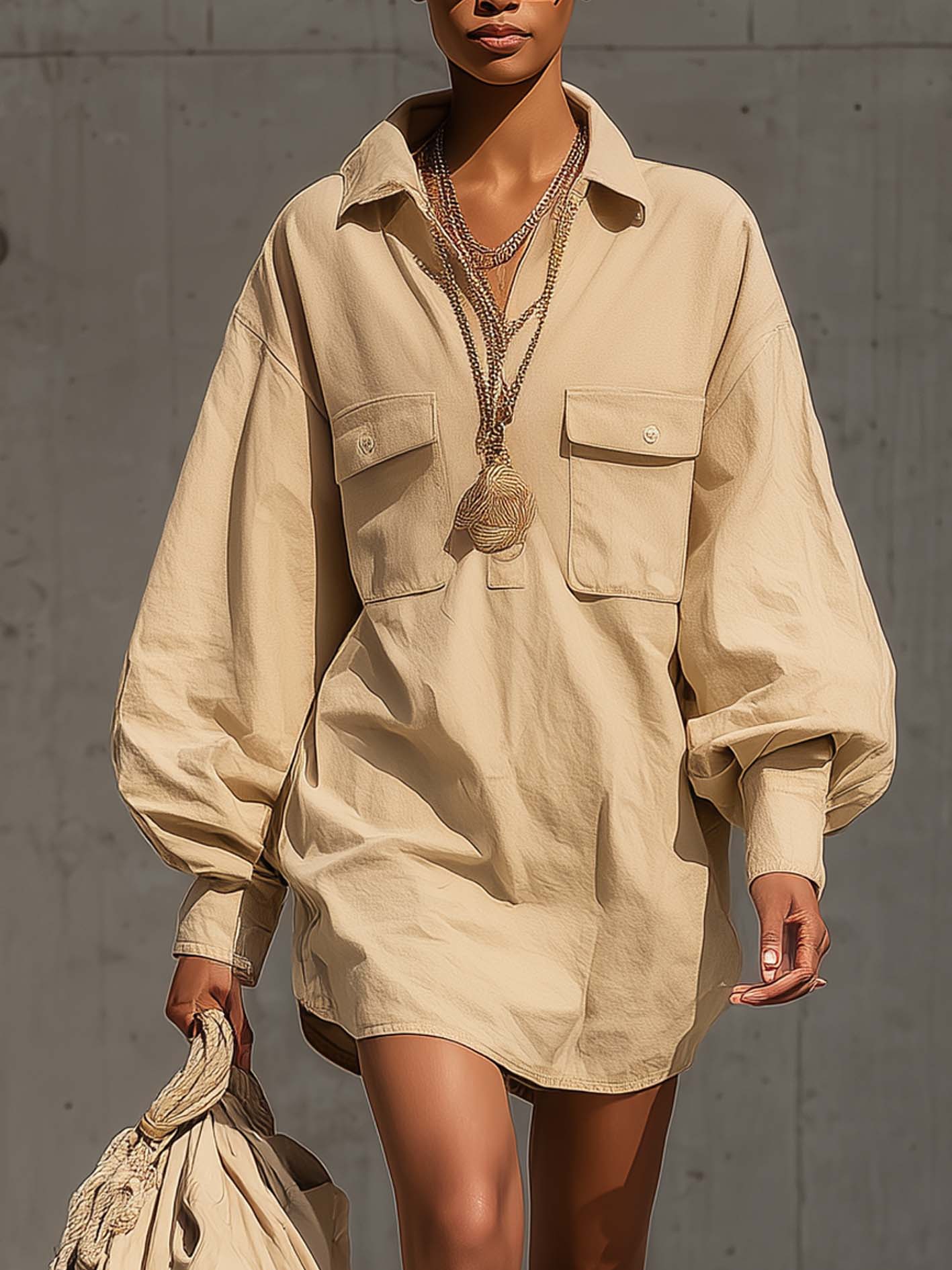 Beige Cotton Linen Shirt Collar Pocket Loose Mini Dress