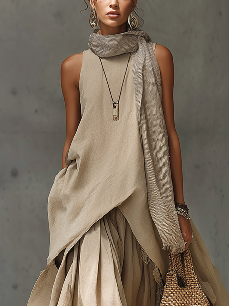 Oatmeal Linen Blend Sleeveless Maxi Dress With Lace Trim