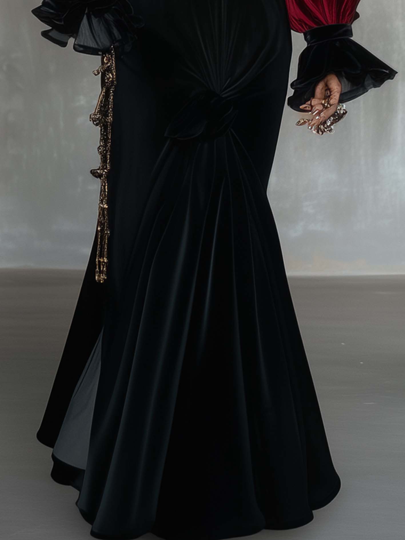 Black V-neck Velvet Maxi Dress With Red And Lace