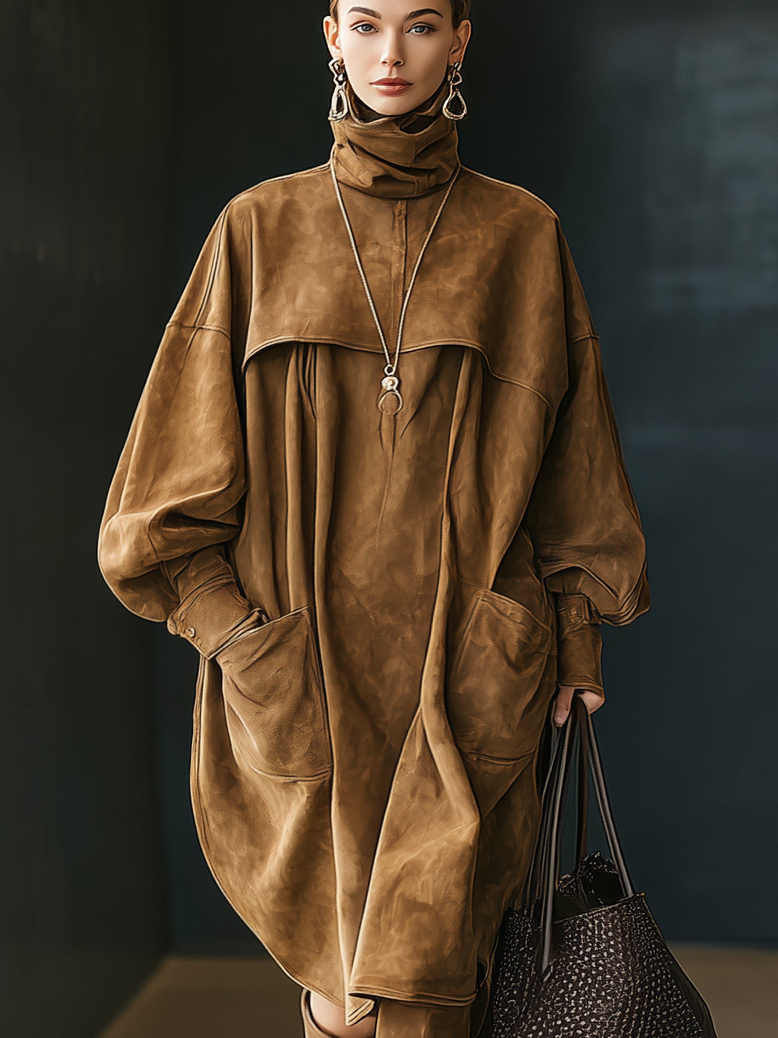 Vintage Brown Faux Suede Oversized Turtleneck Long Sleeve Midi Dress