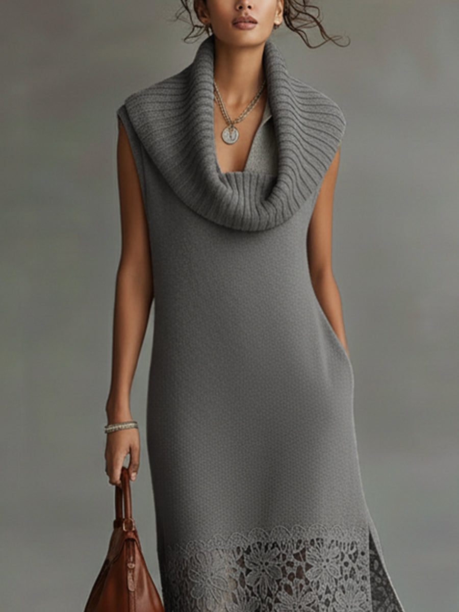 Gray Knit Sleeveless Lace Hem Maxi Dress