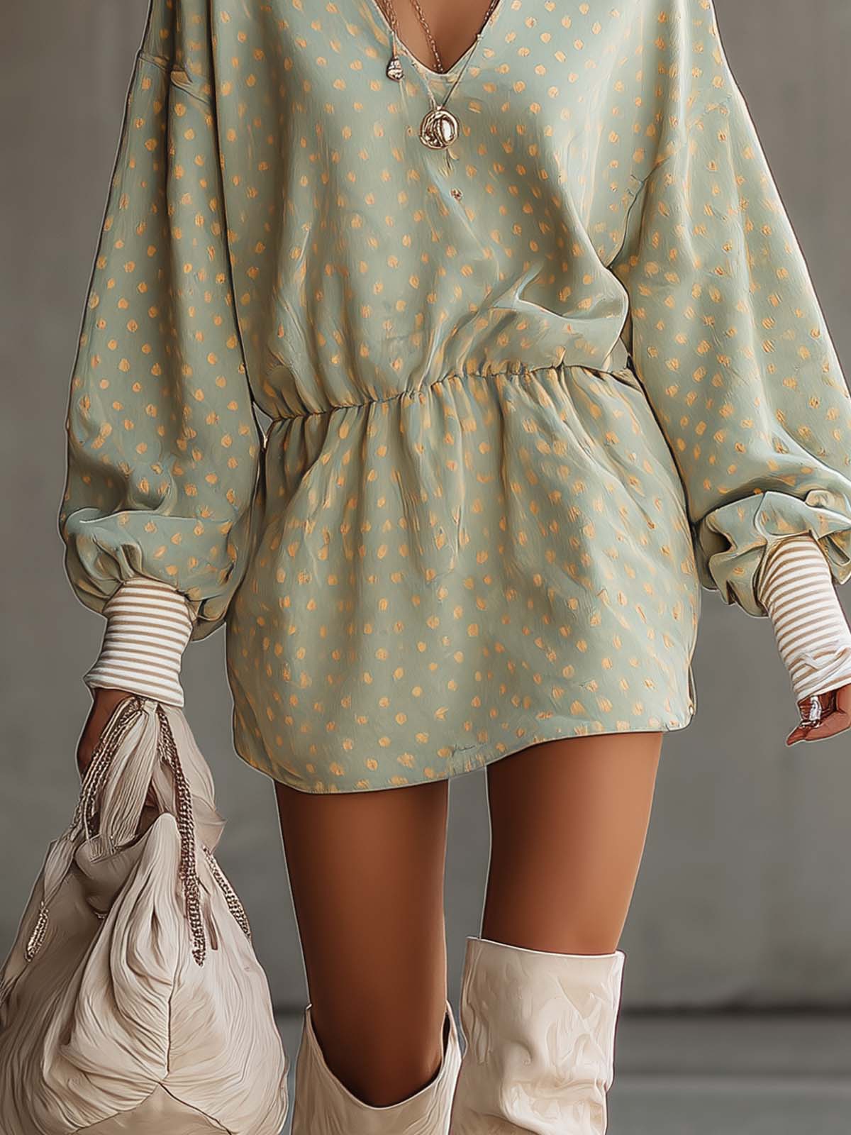 Mint Green Velvet Polka Dot Fitted Waist V-neck Mini Dress