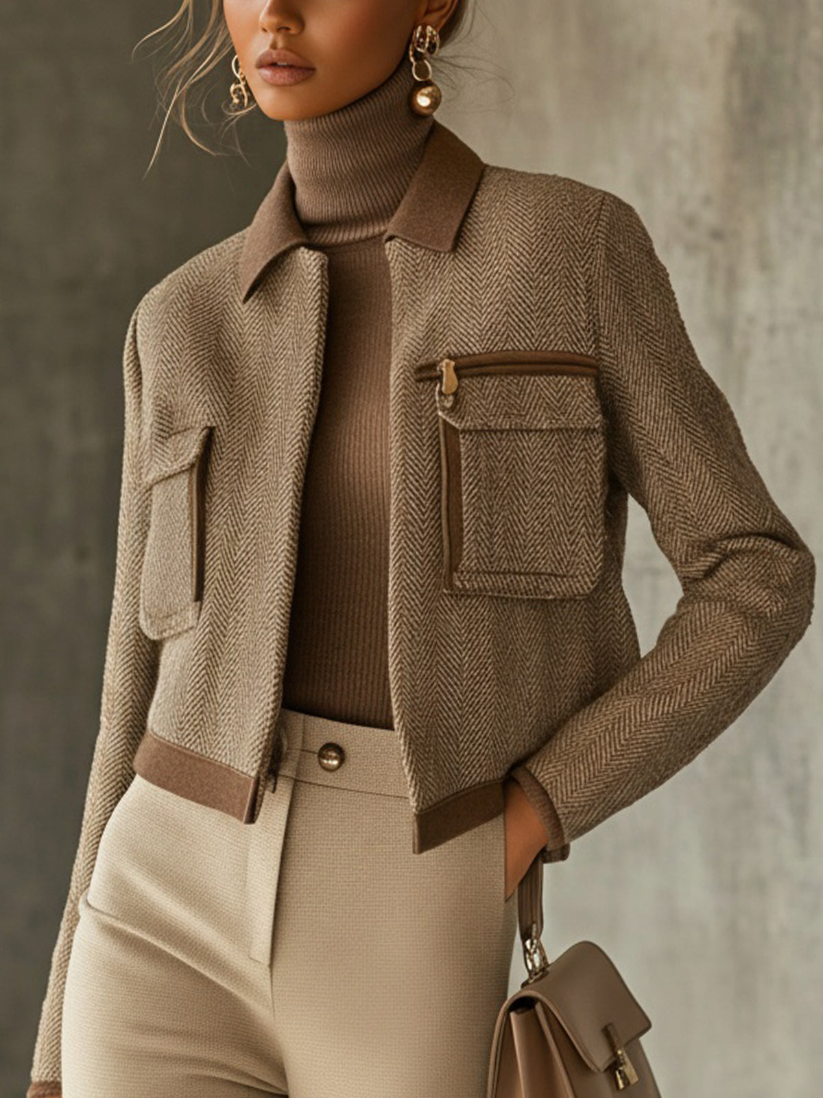 Brown Herringbone Cropped Jacket