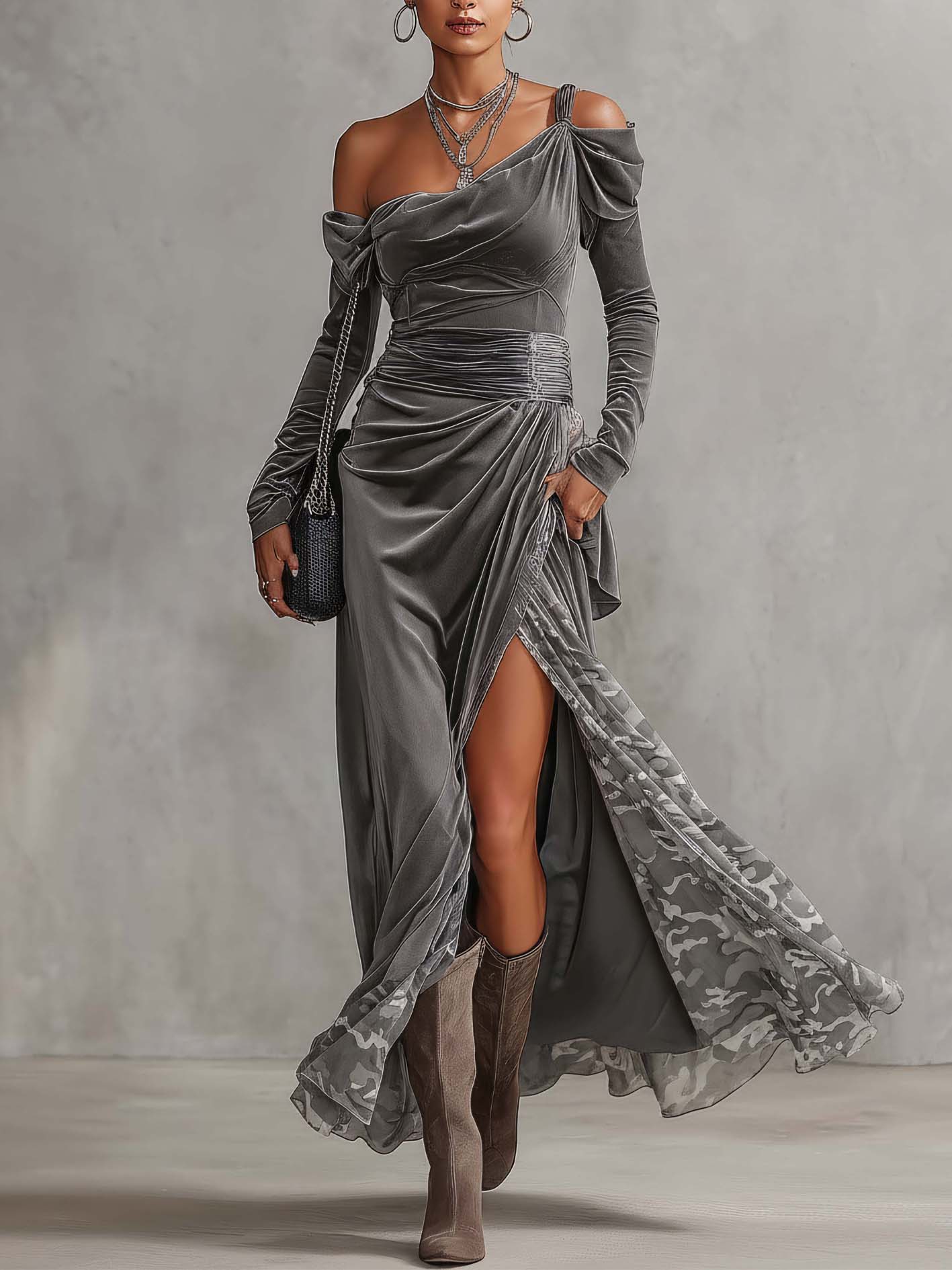 Gray Velvet Off Shoulder Maxi Dress With Camouflage Chiffon