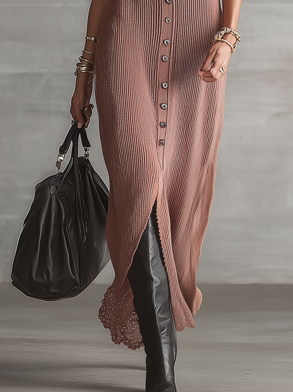 Pink Ribbed Knit Button-Front Maxi Dress With Lace Collar Trim