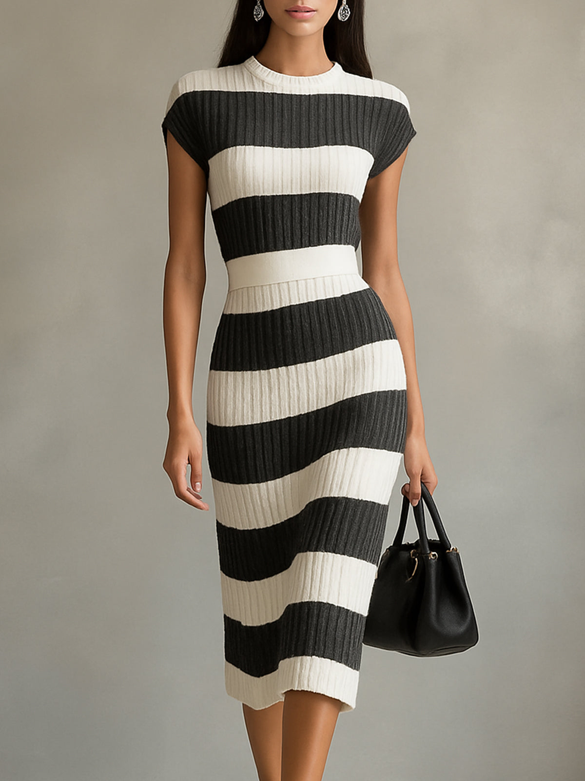 Black And White Ribbed Knit Striped Midi Dress With Cap Sleeves
