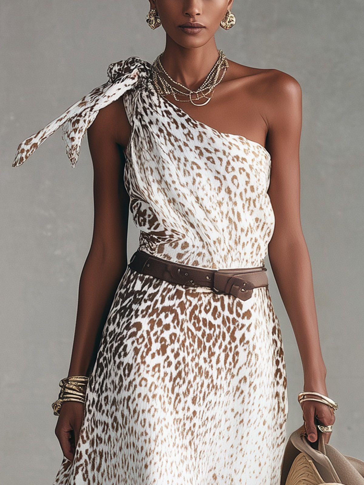 One-Shoulder Animal Print Belted Flowy Maxi Dress