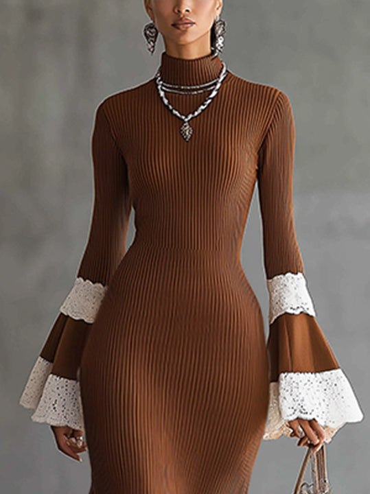 Brown Ribbed Knit Flounce Hem Maxi Dress With Lace Cuff Detail