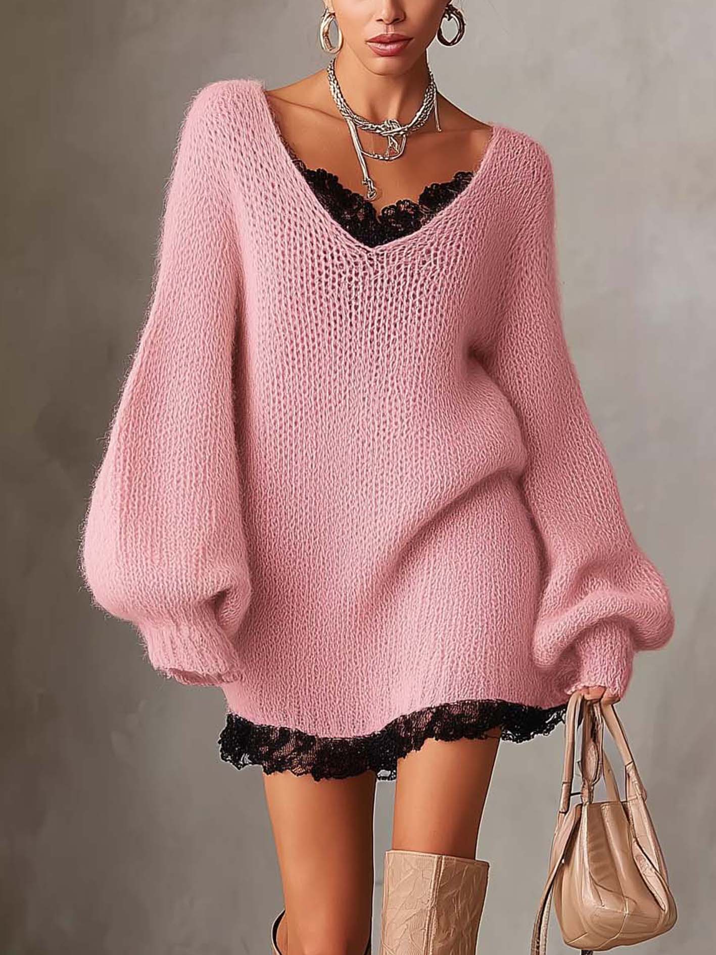 Pink Knit Mini Dress With Black Lace Hem
