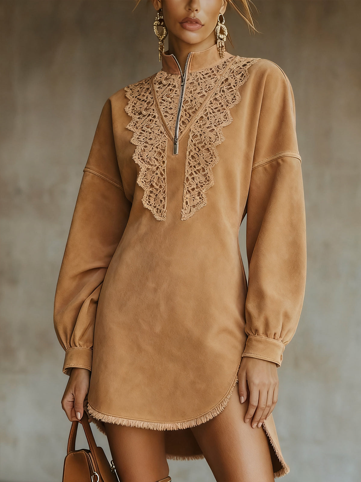 Camel Faux Suede Zip-Front Mini Dress With Crochet Detail