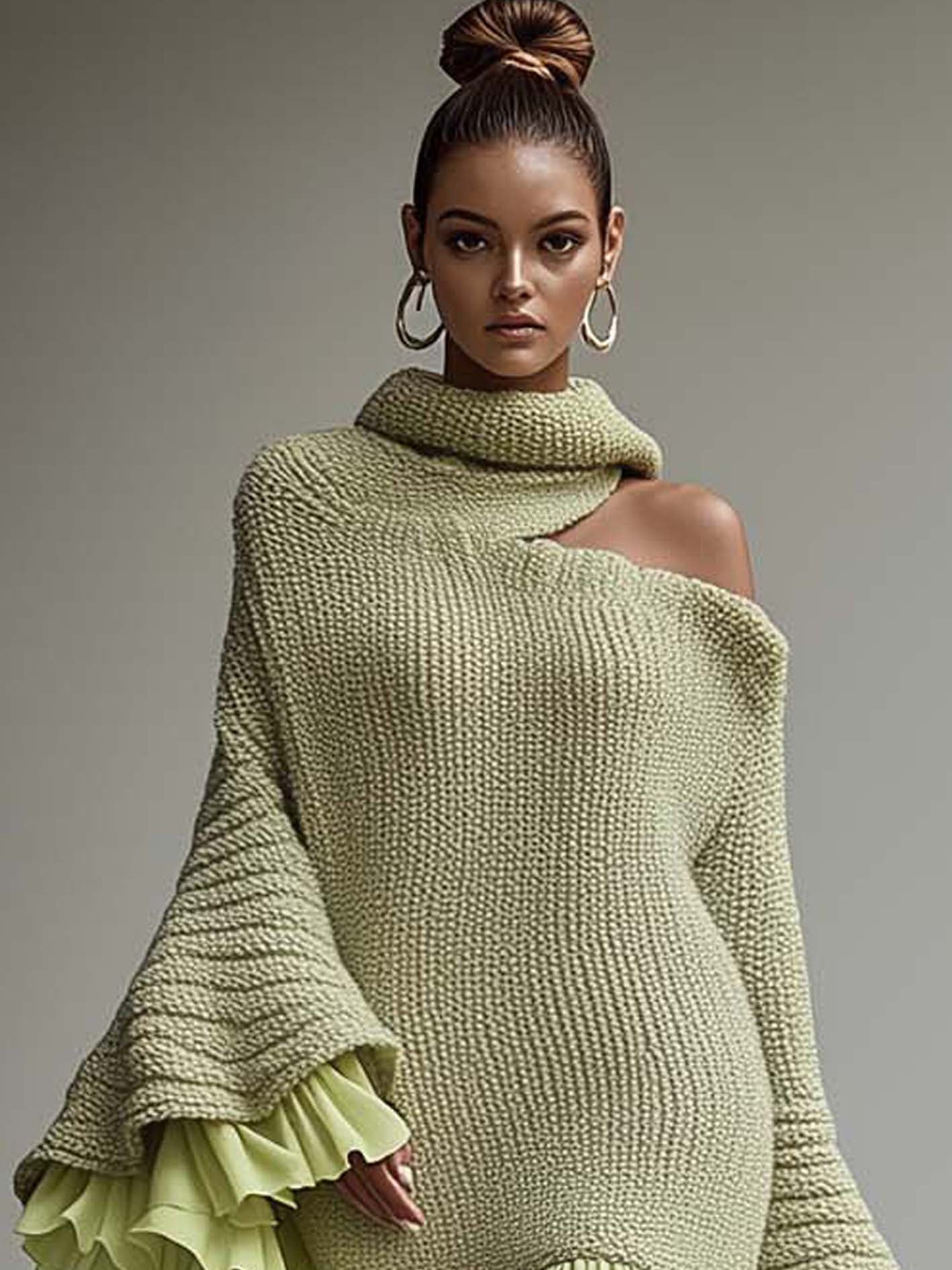 Cold Shoulder Light Green Knitted Mini Dress With Ruffles