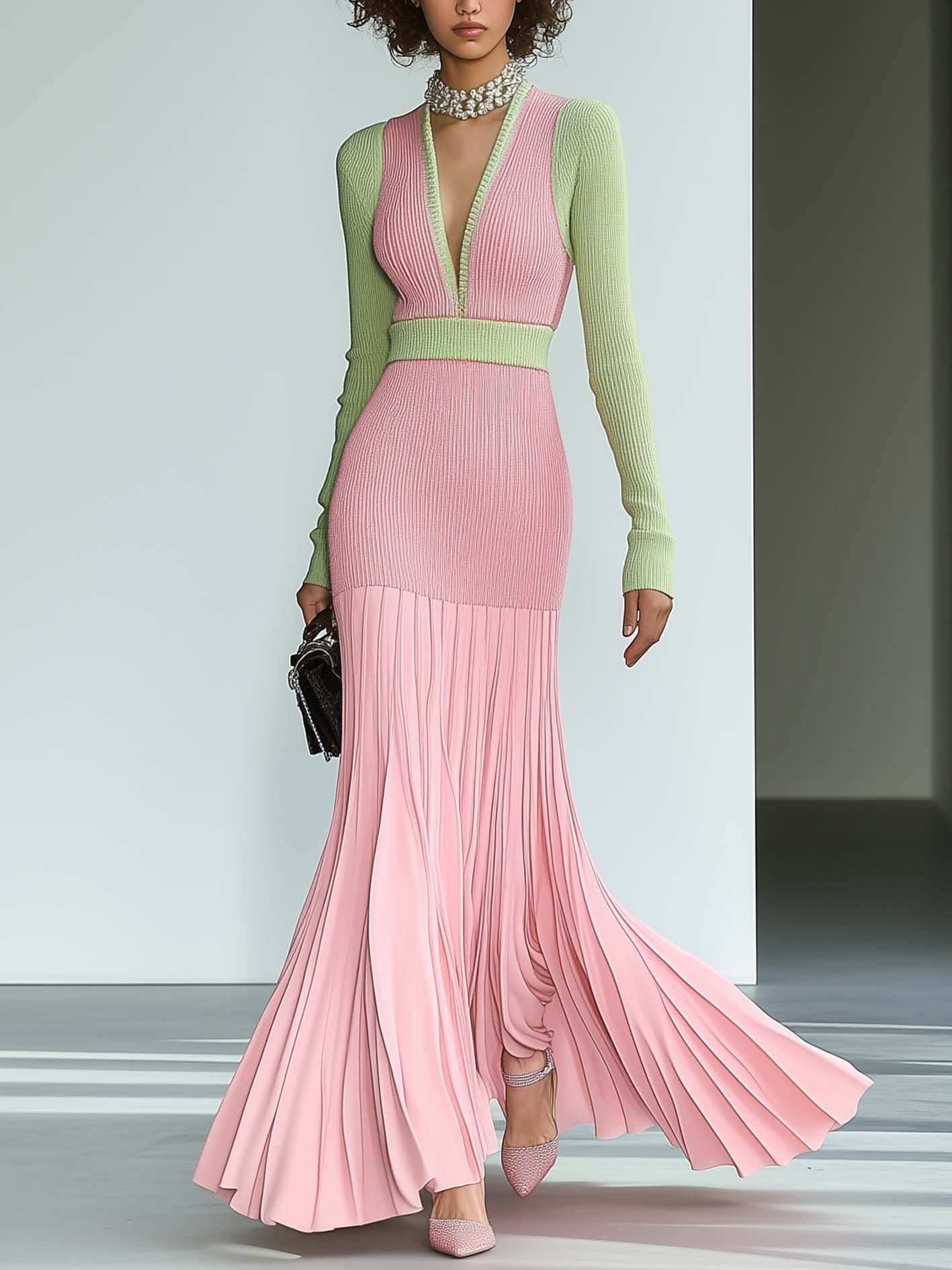 Pink Knitted Maxi Dress With Patchwork Hem And Green Trim