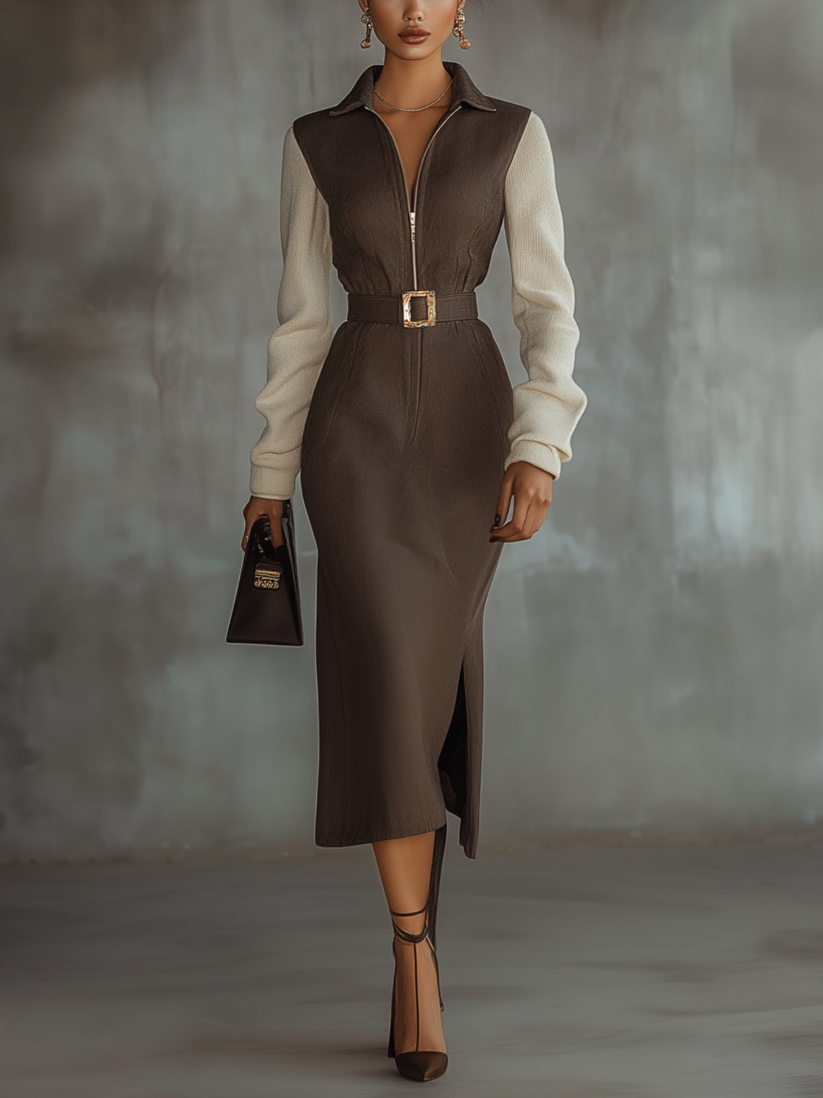 Two Tone Zippered Midi Dress