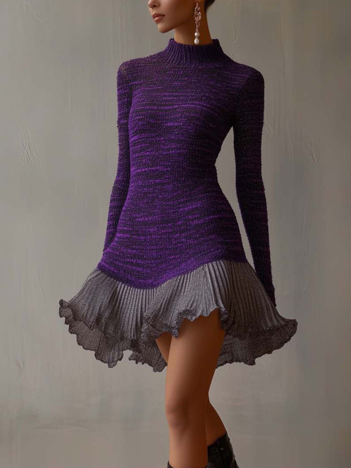 Purple Knitted Mini Dress With Gray Ruffles