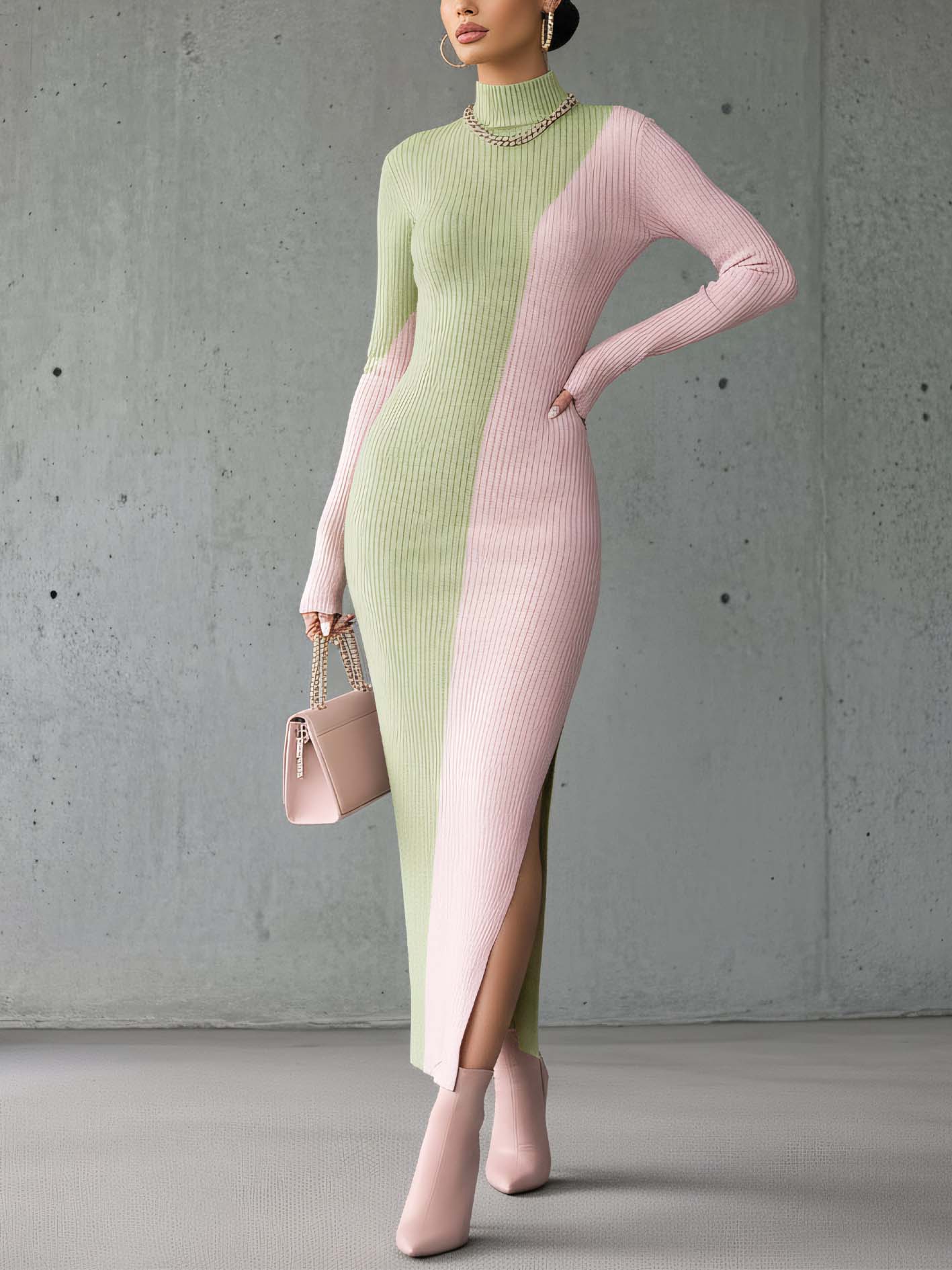 Colorblock High Neck Ribbed Knit Bodycon Dress With Side Slit