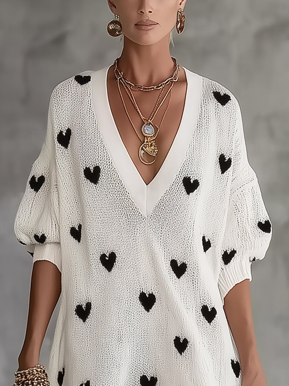 White V-Neck Knit Mini Dress With Black Heart Pattern