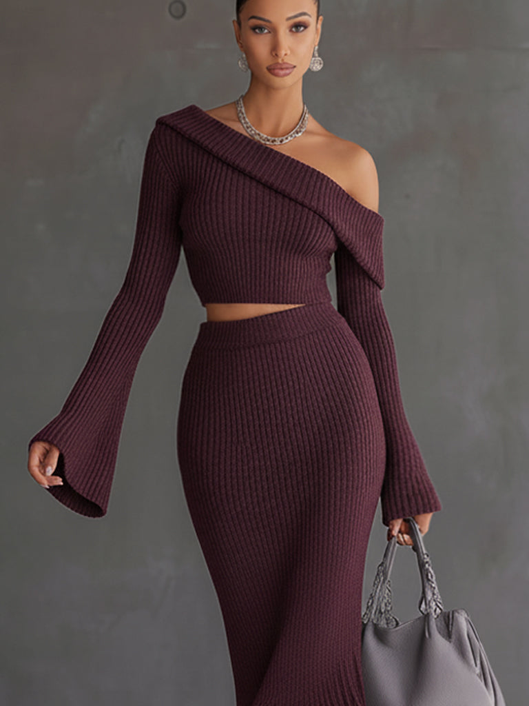 Deep Plum Comfortable Knitted Top And Tassel Skirt Set
