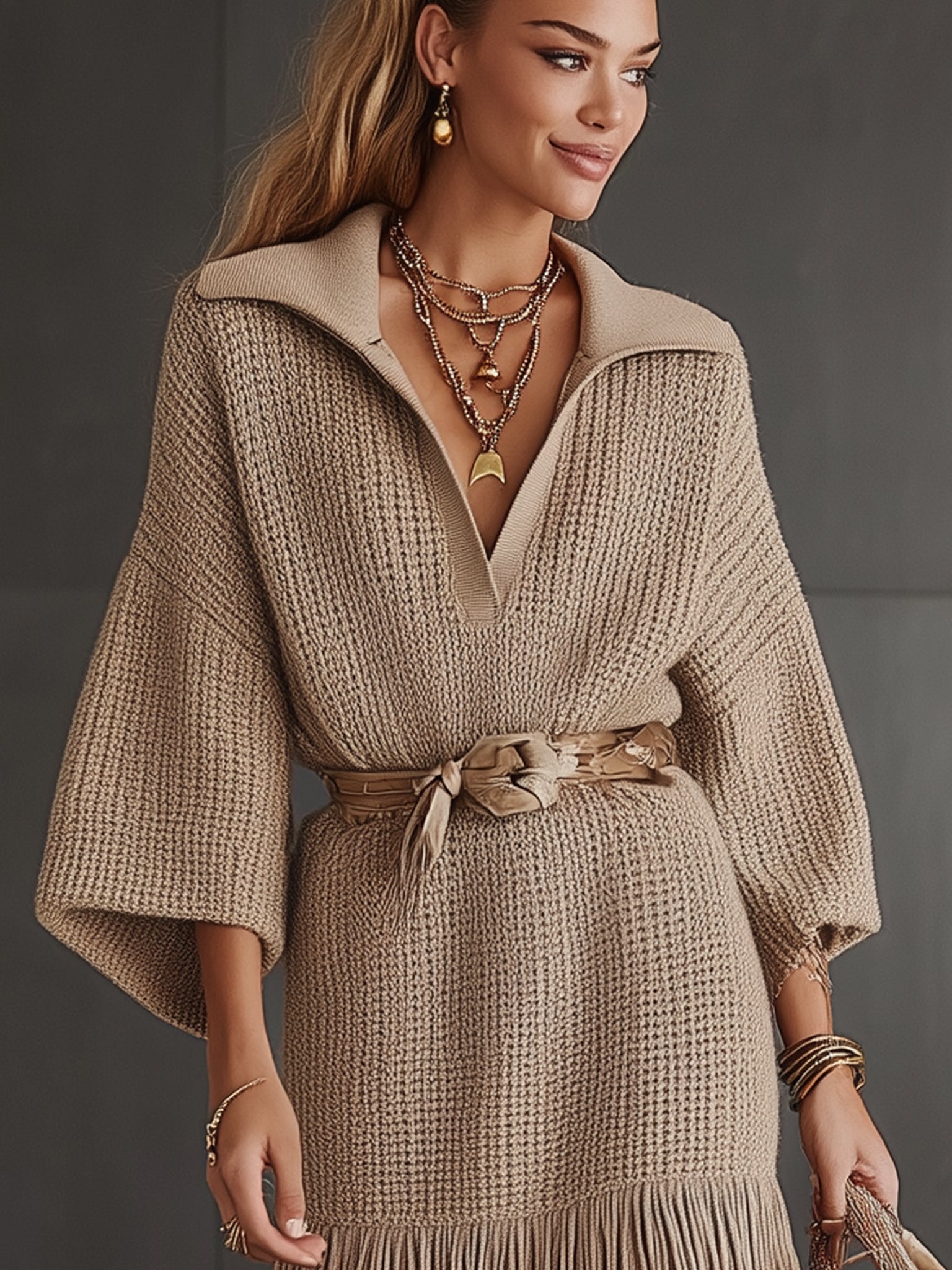 Beige Knit Fringe Belted Long Sleeve Mini Dress