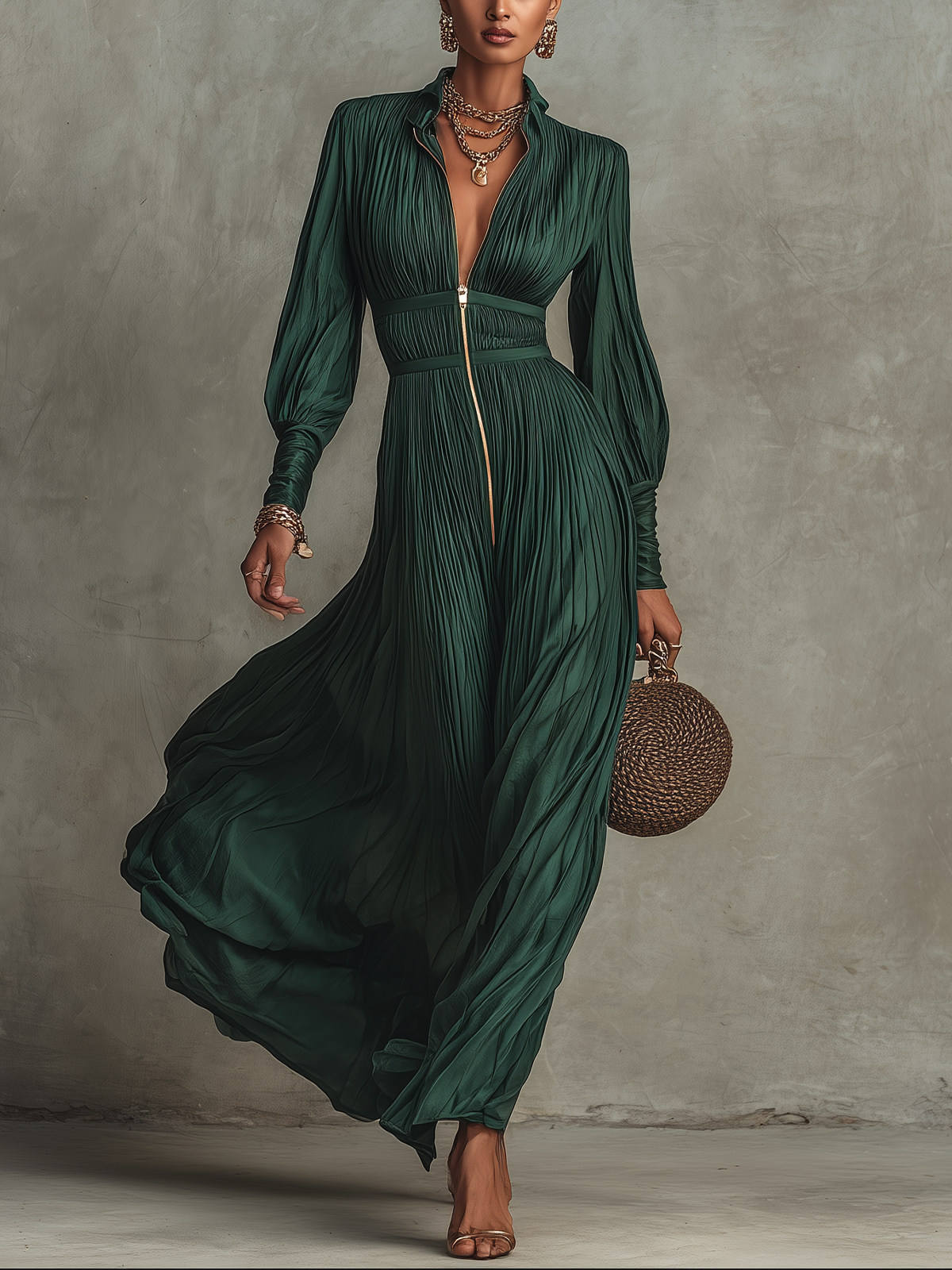 Green Pleated Chiffon Long Sleeve Zip-Front Maxi Dress