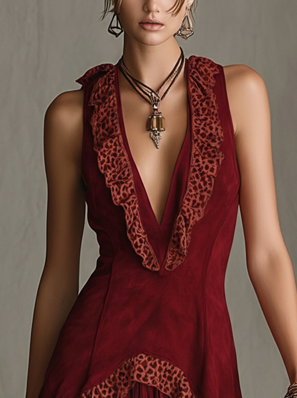 Red Halter Faux Suede Mini Dress With Leopard Trim And Fringe Hem