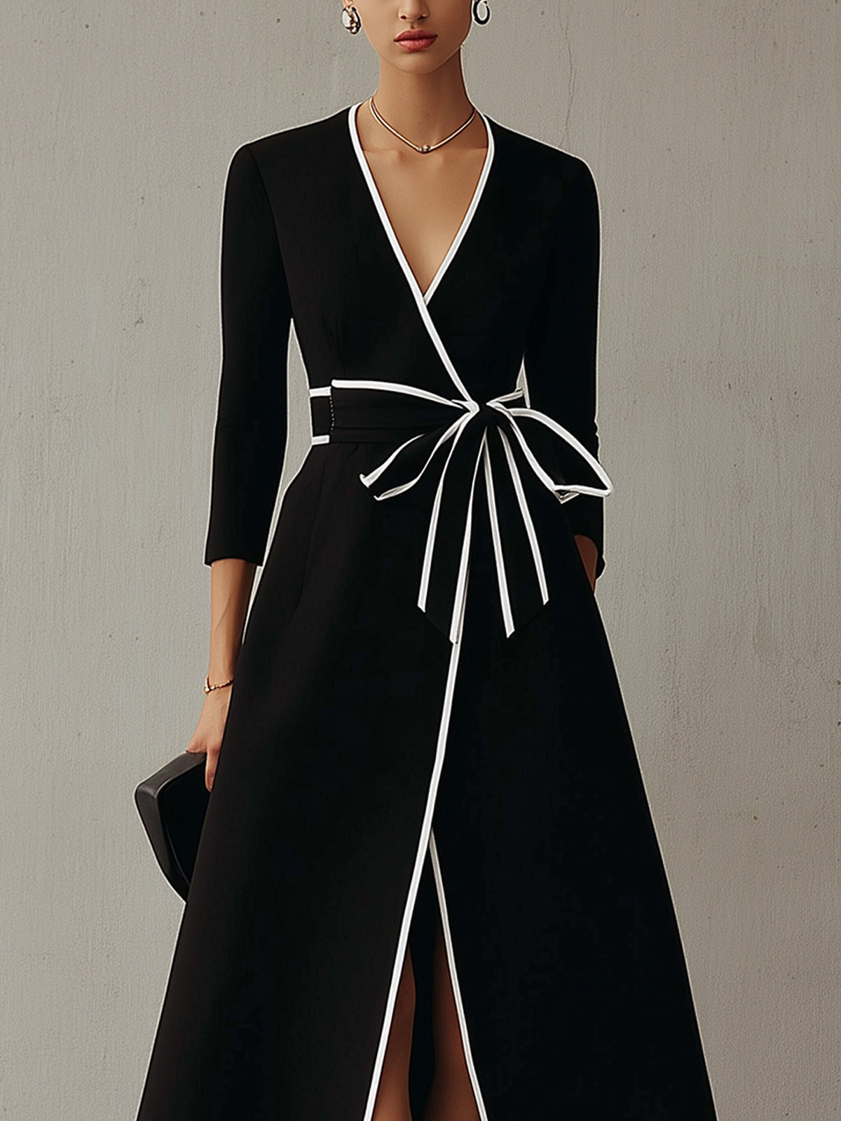 Black And White Contrast Trim Wrap Midi Dress