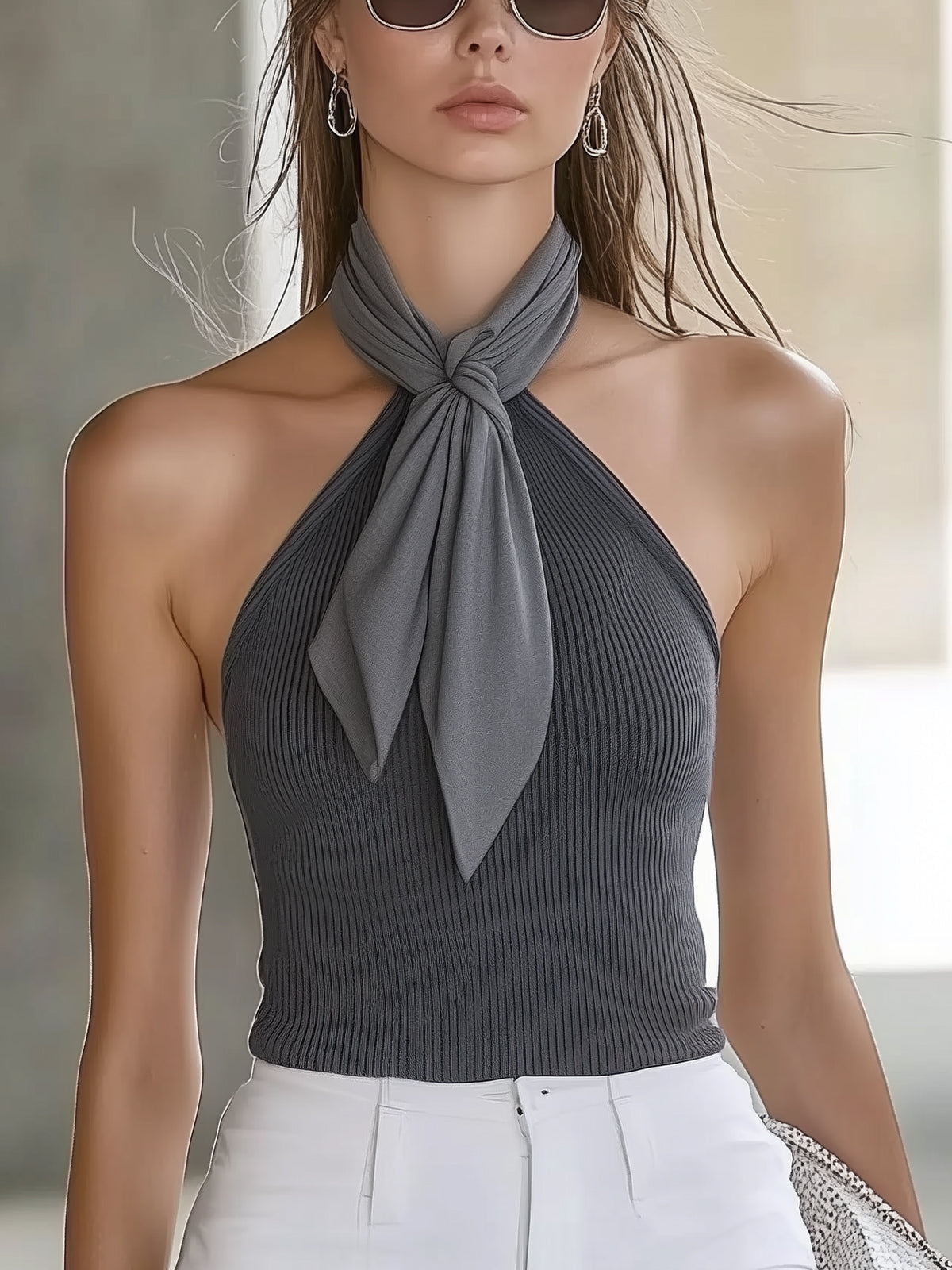 High-Stretch T-Shirt With Tie Neck