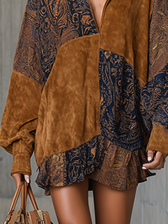 Brown Vintage Patchwork Faux Suede Mini Dress