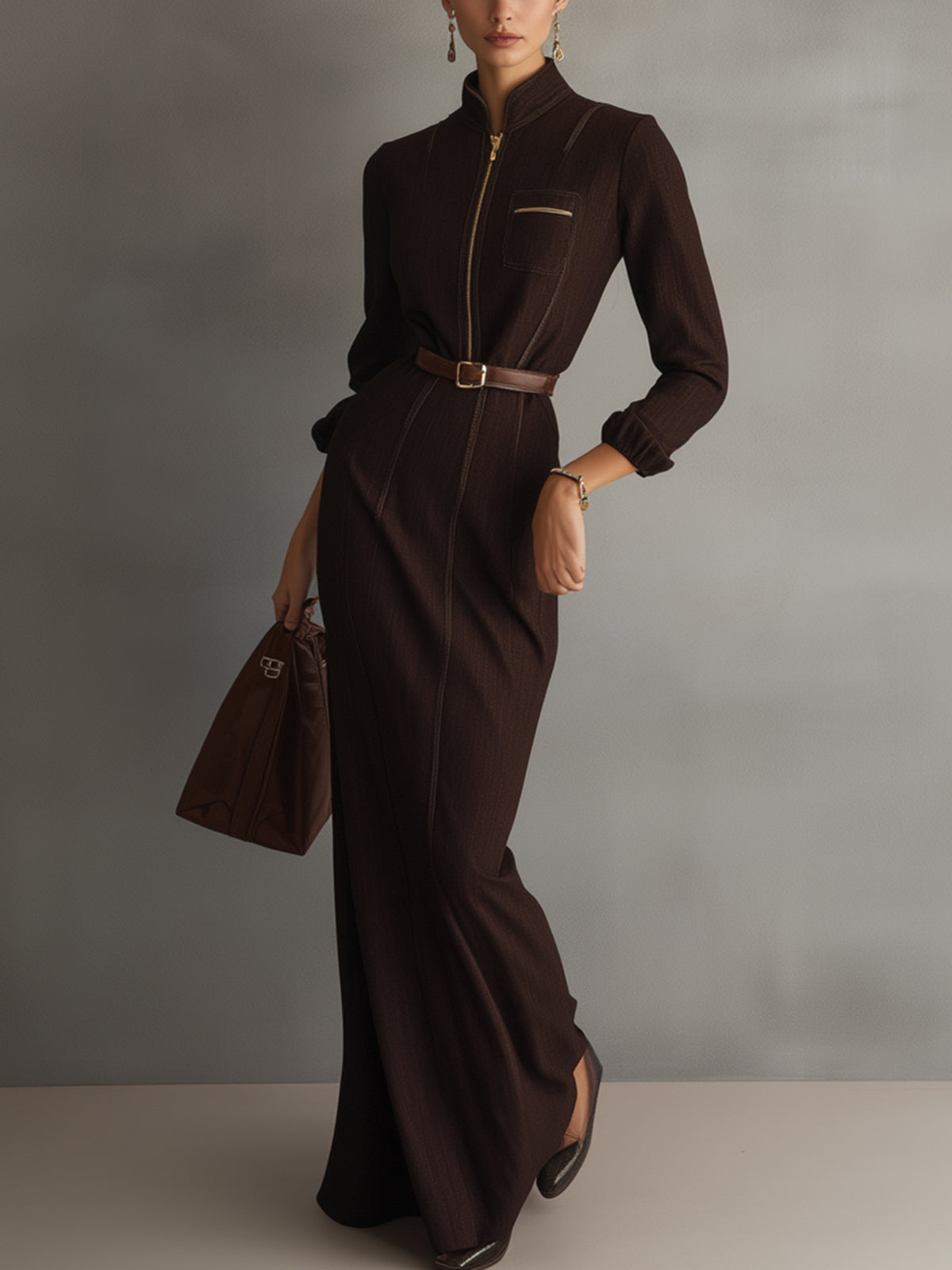 Brown Sophisticated Zip Front Maxi Dress
