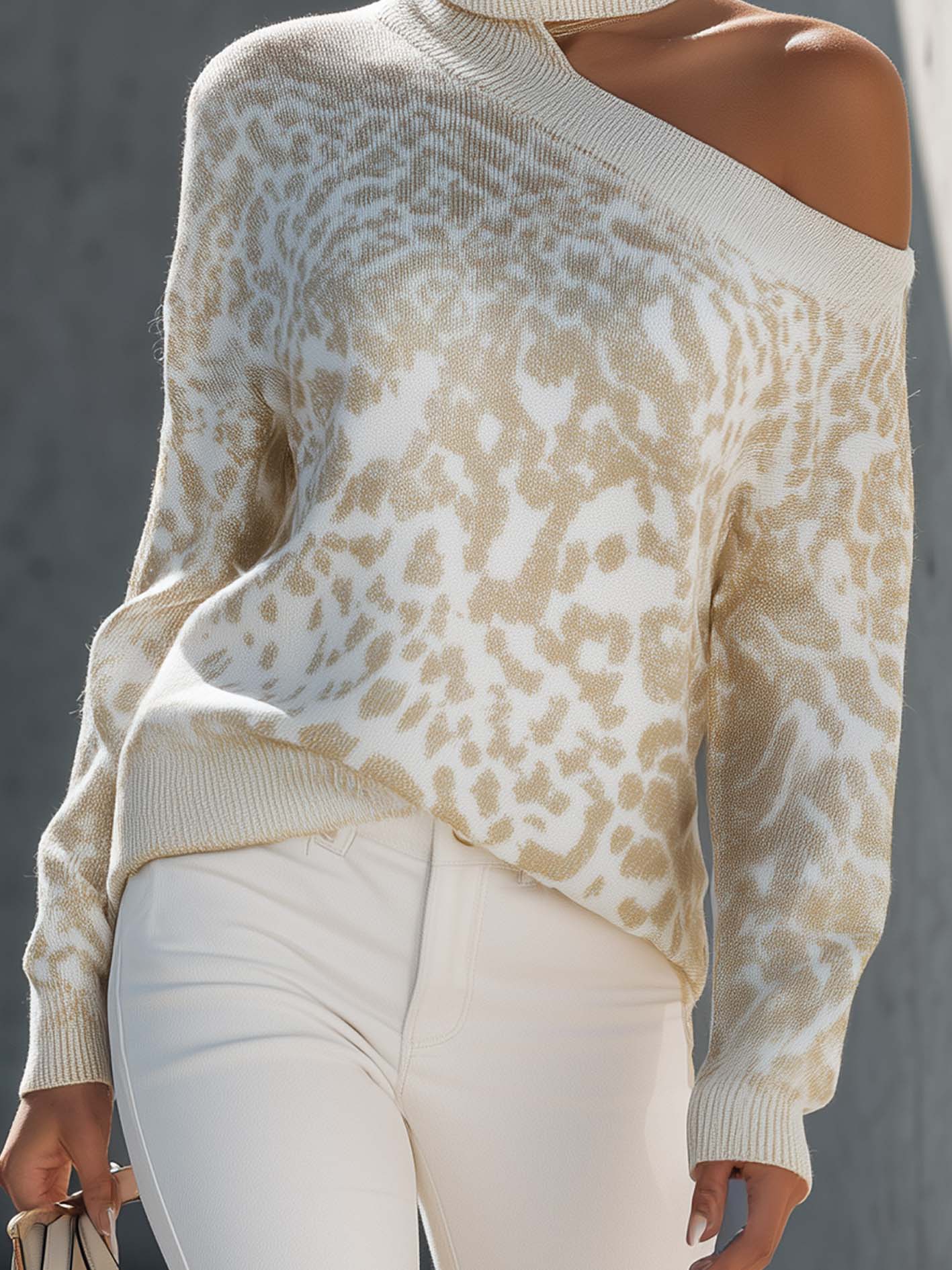 Light Gold Leopard Cold Shoulder Knit Sweater