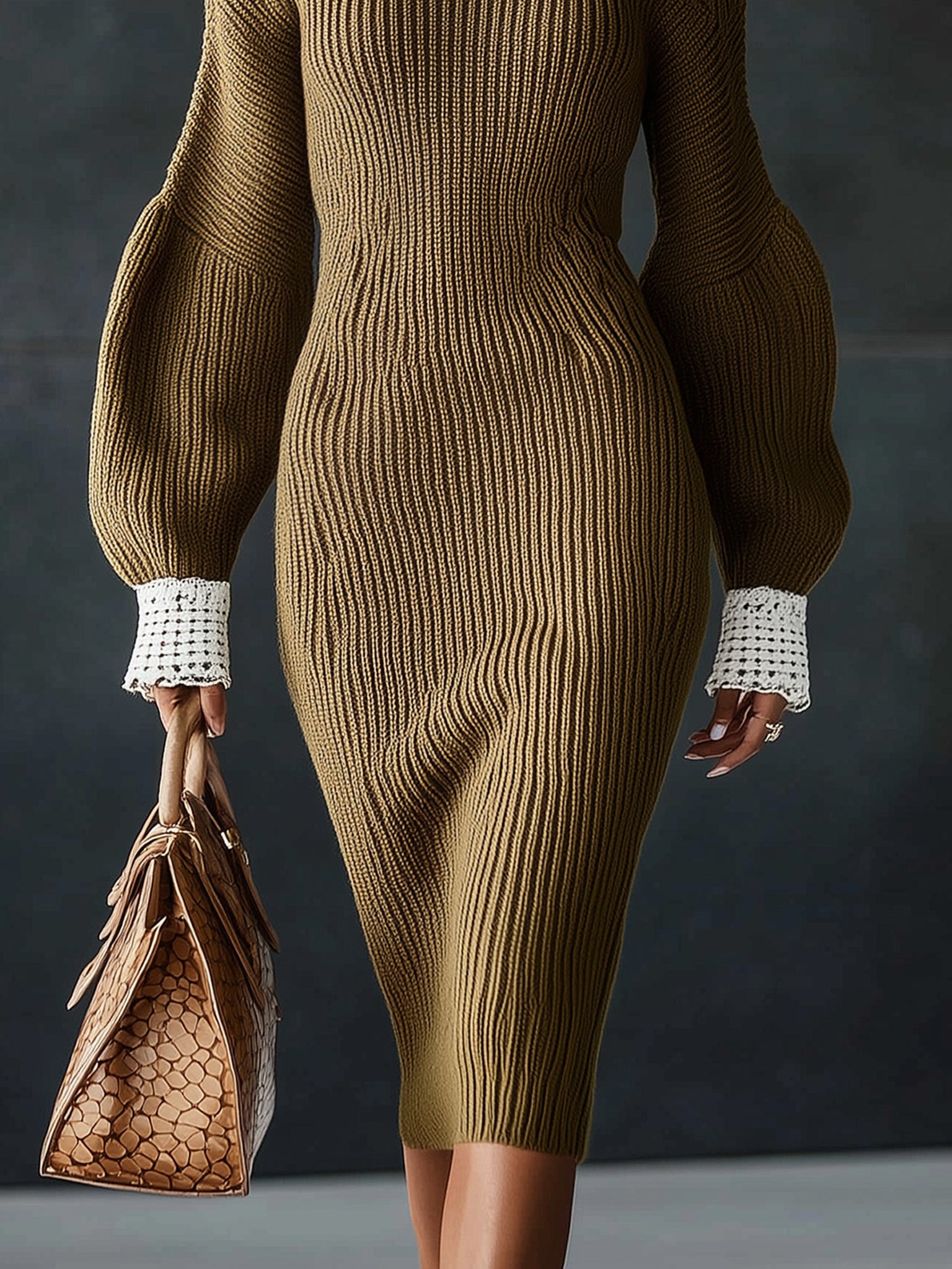 Olive Ribbed Knit Cold Shoulder Long Sleeve Bodycon Dress