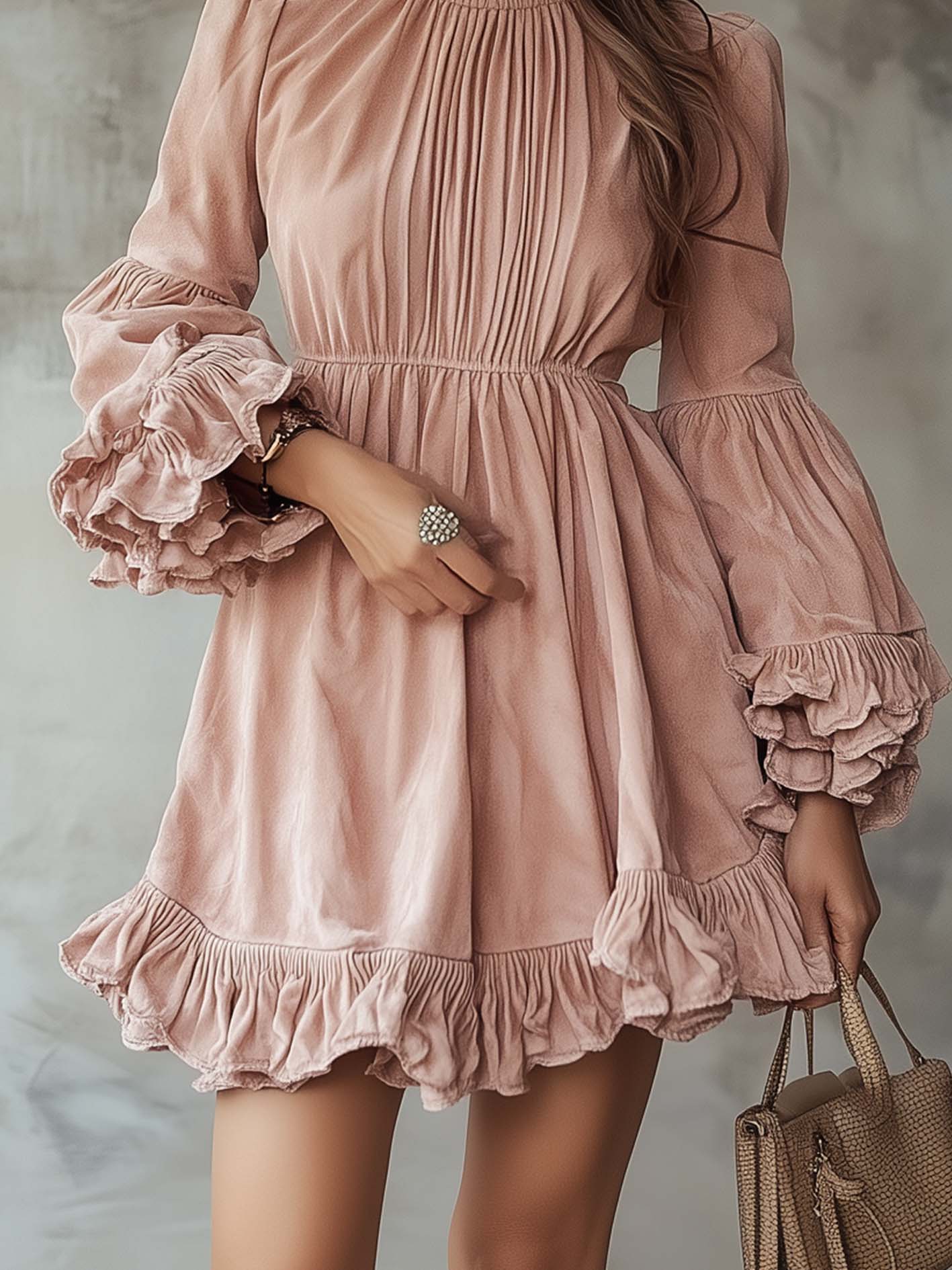Retro Pink Faux Suede Mini Dress With Ruffles