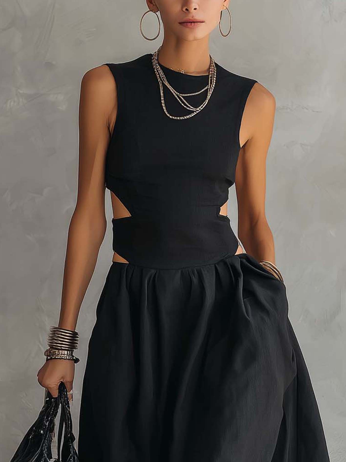 Black Cotton Linen Sleeveless Cutout Waist Maxi Dress
