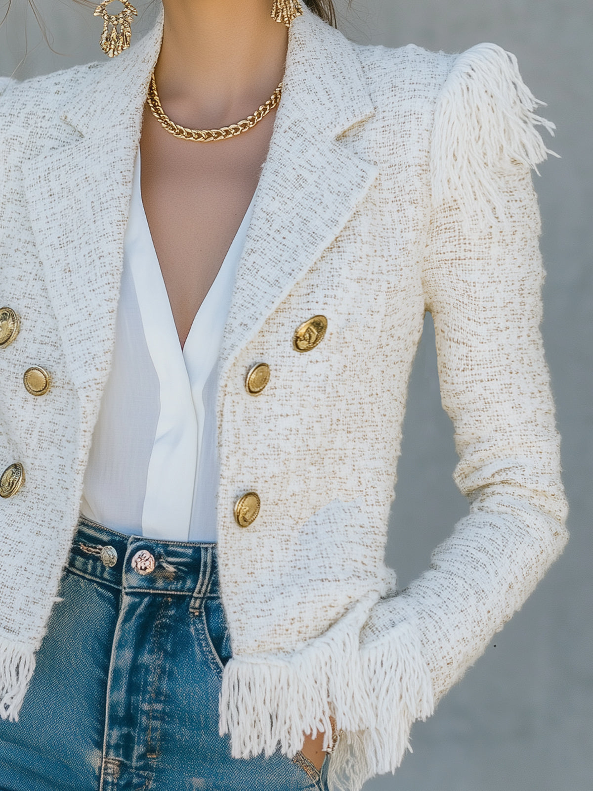 White Tweed Fringe Trimmed Double Breasted Blazer