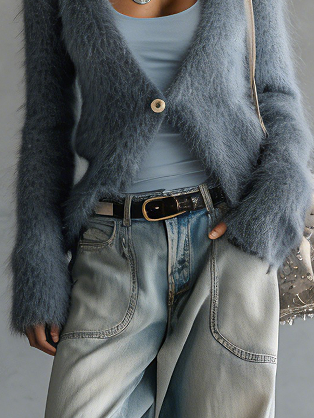 Blue Mohair Short-length Single-button V-neck Cardigan