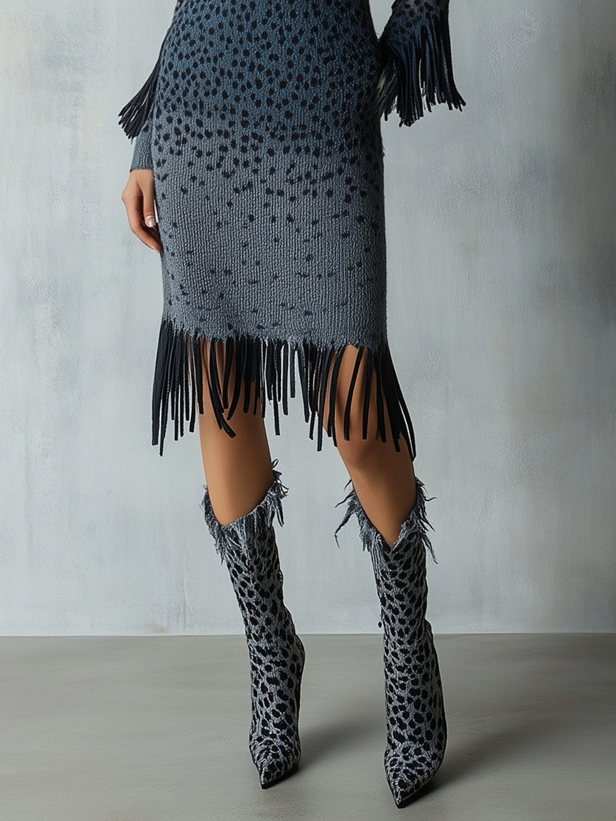 Blue Gradient Leopard Knit Fringe Mock Neck Long Sleeve Midi Dress