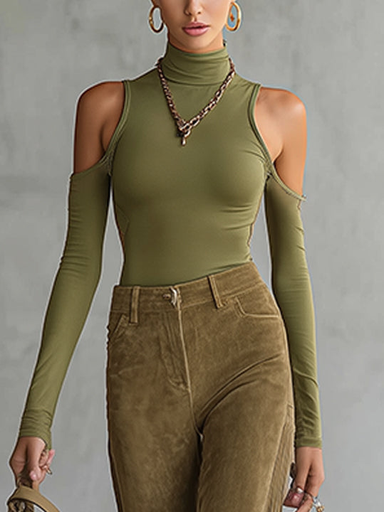 Olive Cutout Turtleneck Top And High-Waist Faux Suede Fringe Flare Pants Set