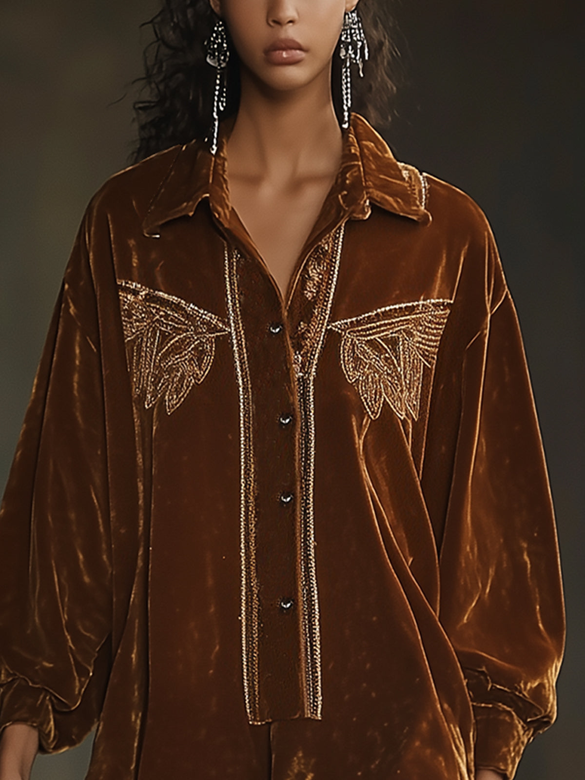 Brown Velvet Shirt Dress With Gold Embroidery
