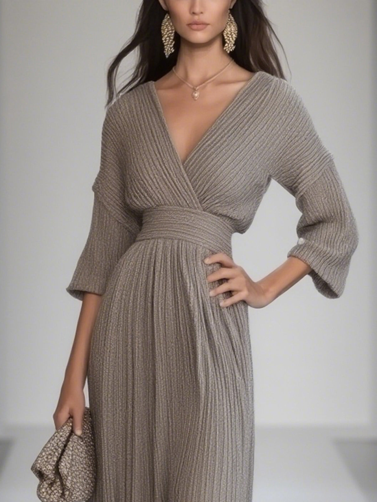 Grey Metallic Ribbed V-Neck 3/4 Sleeve Waisted Midi Dress