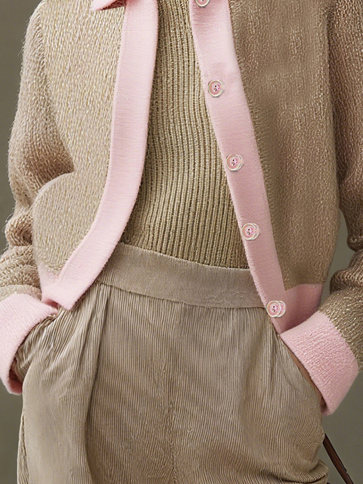 Beige And Pink Contrast Button-Up Knit Cardigan