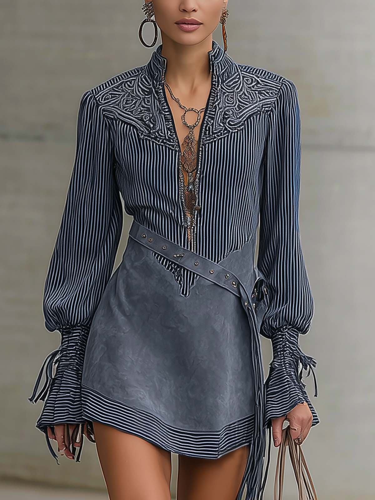 Navy Blue Blended Faux Suede V-neck Fitted Waist Long Sleeved Mini Dress