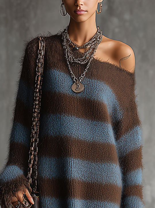 Brown And Blue Fuzzy Striped Oversized Sweater Dress