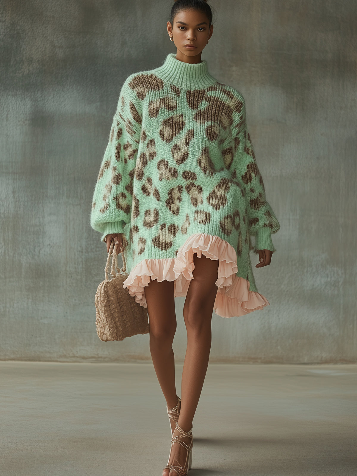 Green Leopard Print Sweater Dress With Pink Chiffon Ruffles