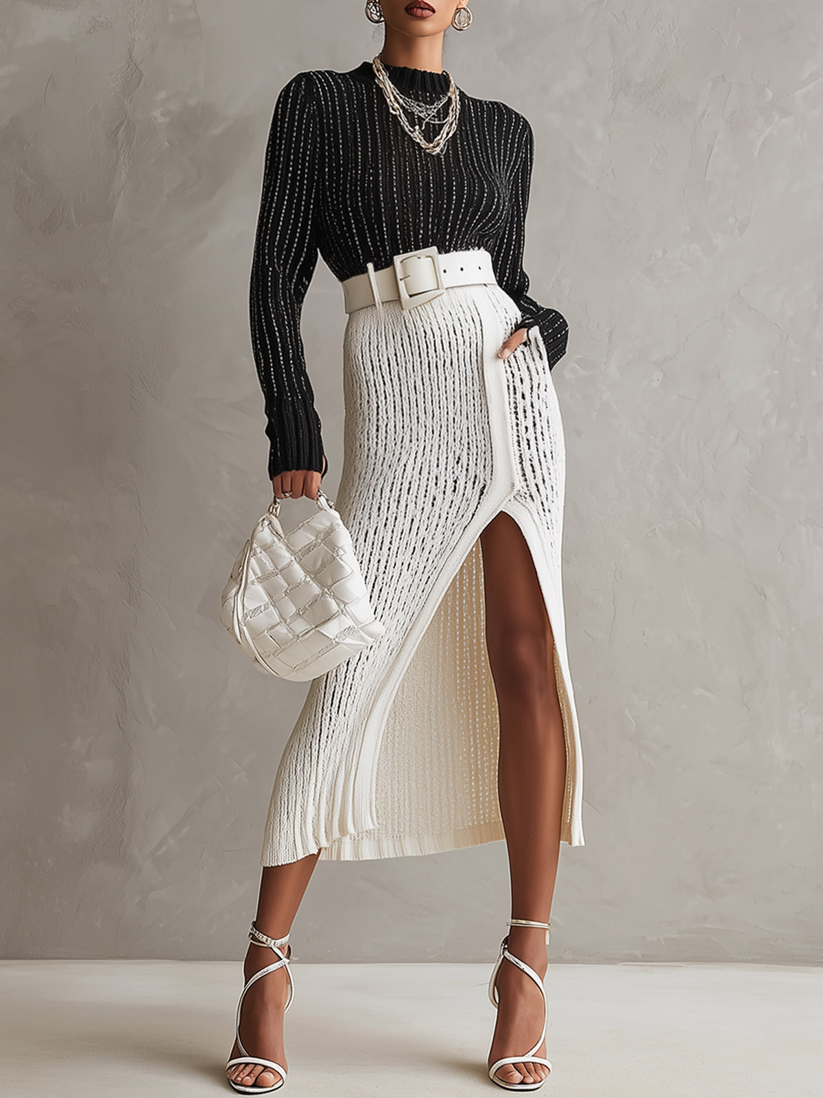 Black And White Knit Long Sleeve Midi Dress With Belt
