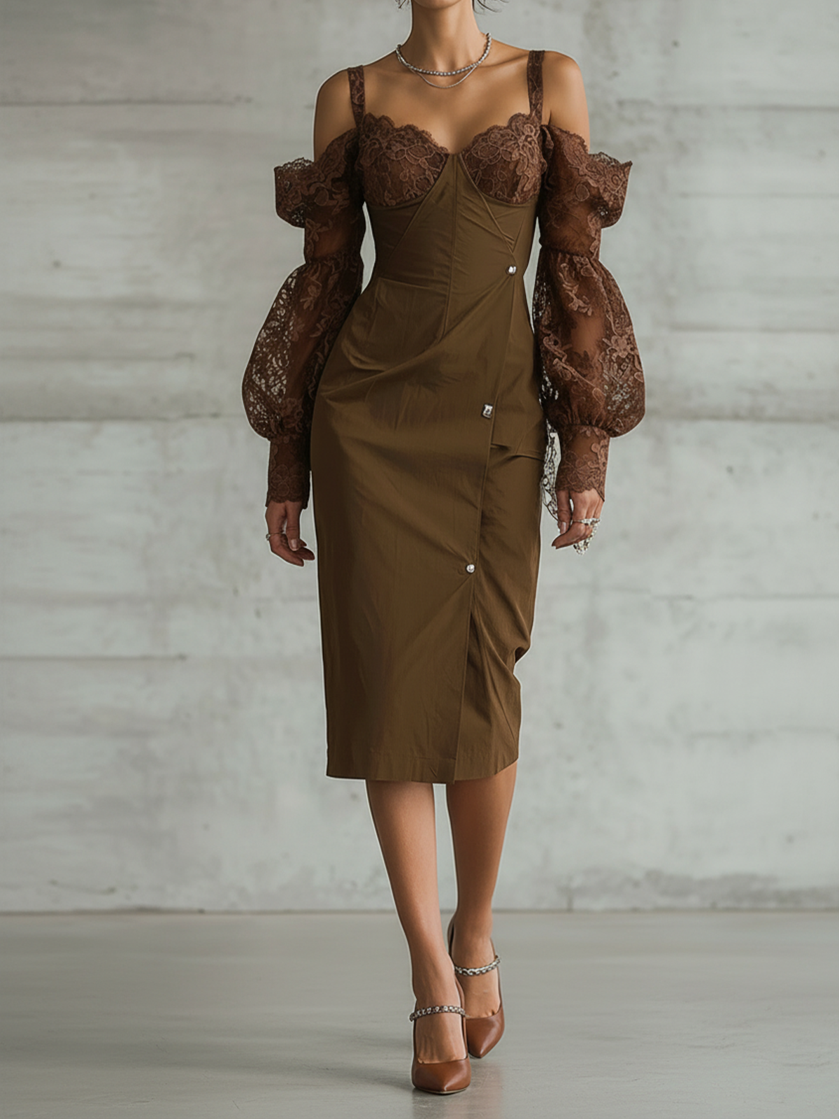 Brown Lace Off-Shoulder Puff Sleeve Midi Dress